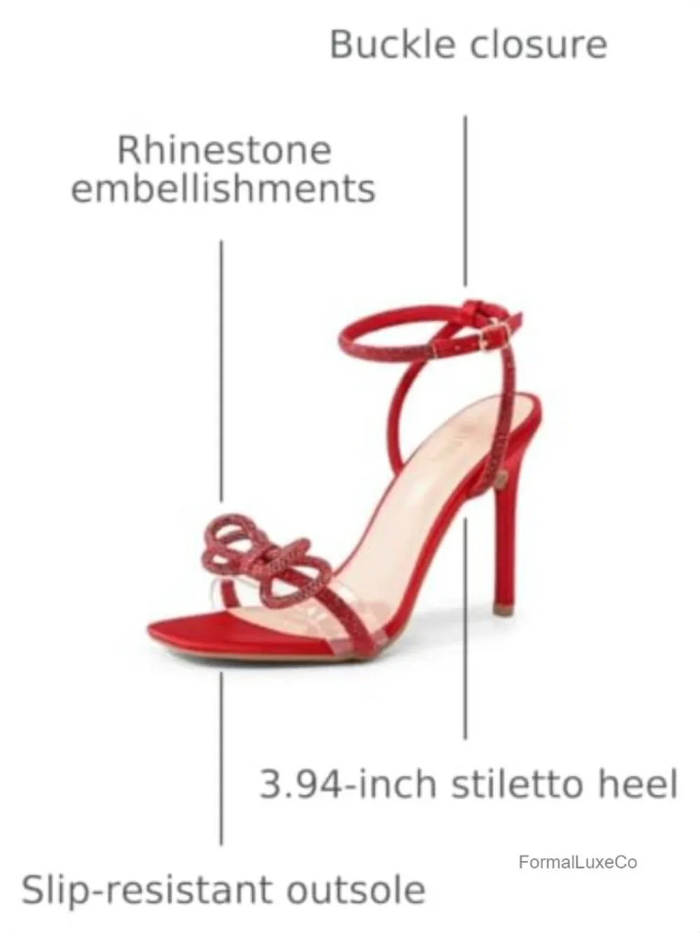 Double Bowknot Crystal Sandals Slingback Heels Square Toe Party Wedding
